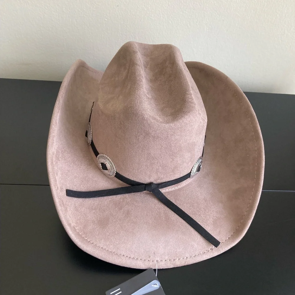 Illuma Taupe Faux Suede Western Cowboy Hat Silver Concho Band NWT